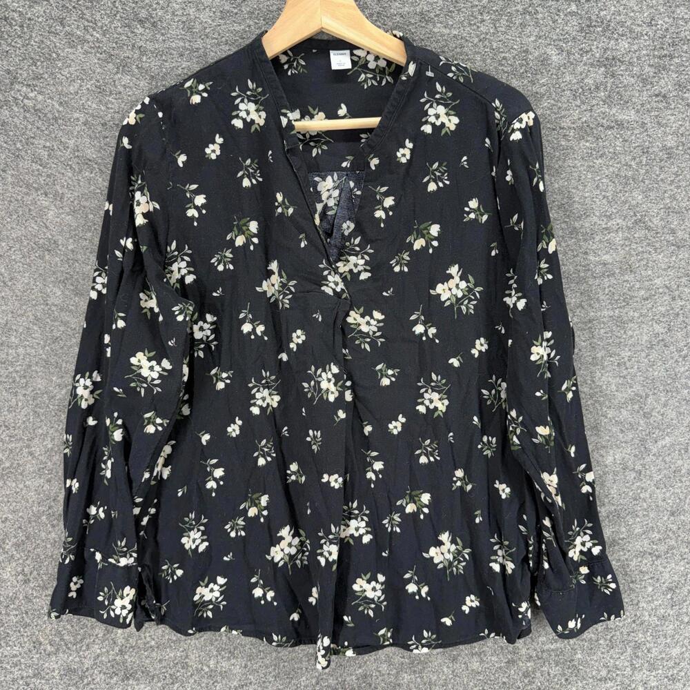 Old Navy Blouse Women L Large Black Floral V-Neck Long Sleeve Cotton Casual